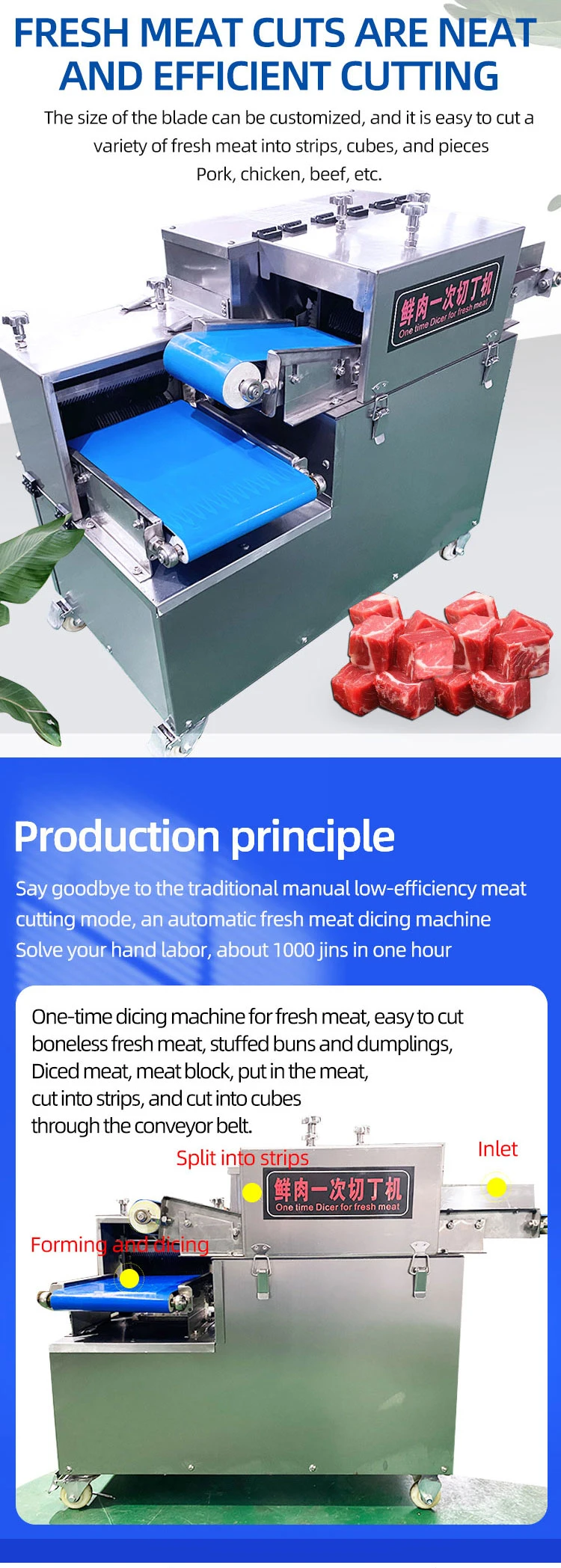 Automatic Pork Meat Beef Cube Dice Cutting Dicing Processing Equipment Cuts 600kg of Meat Per Hour